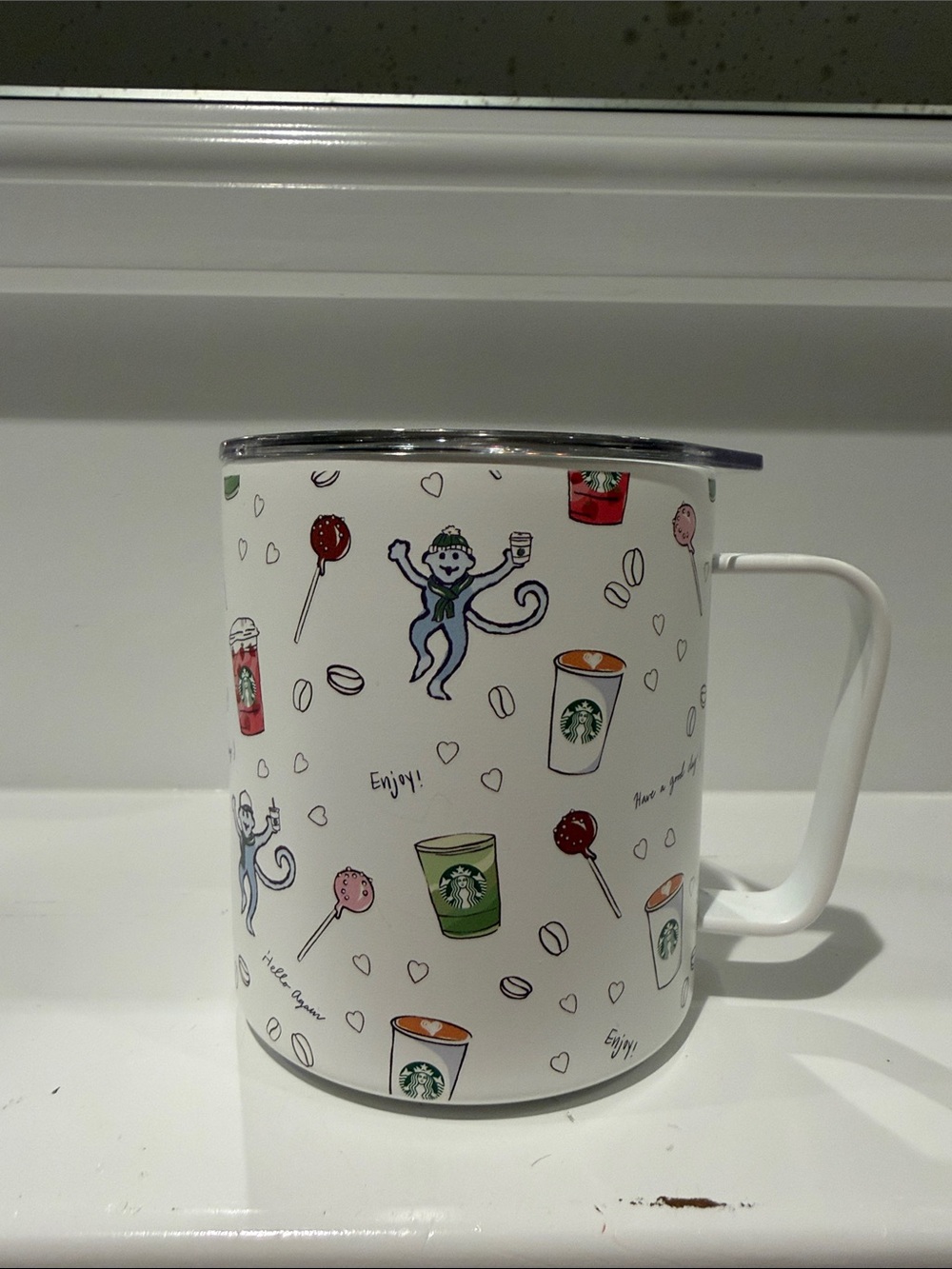 NEW Roller Rabbit / Starbucks White Ceramic Mug with Colorful Coffee Icons